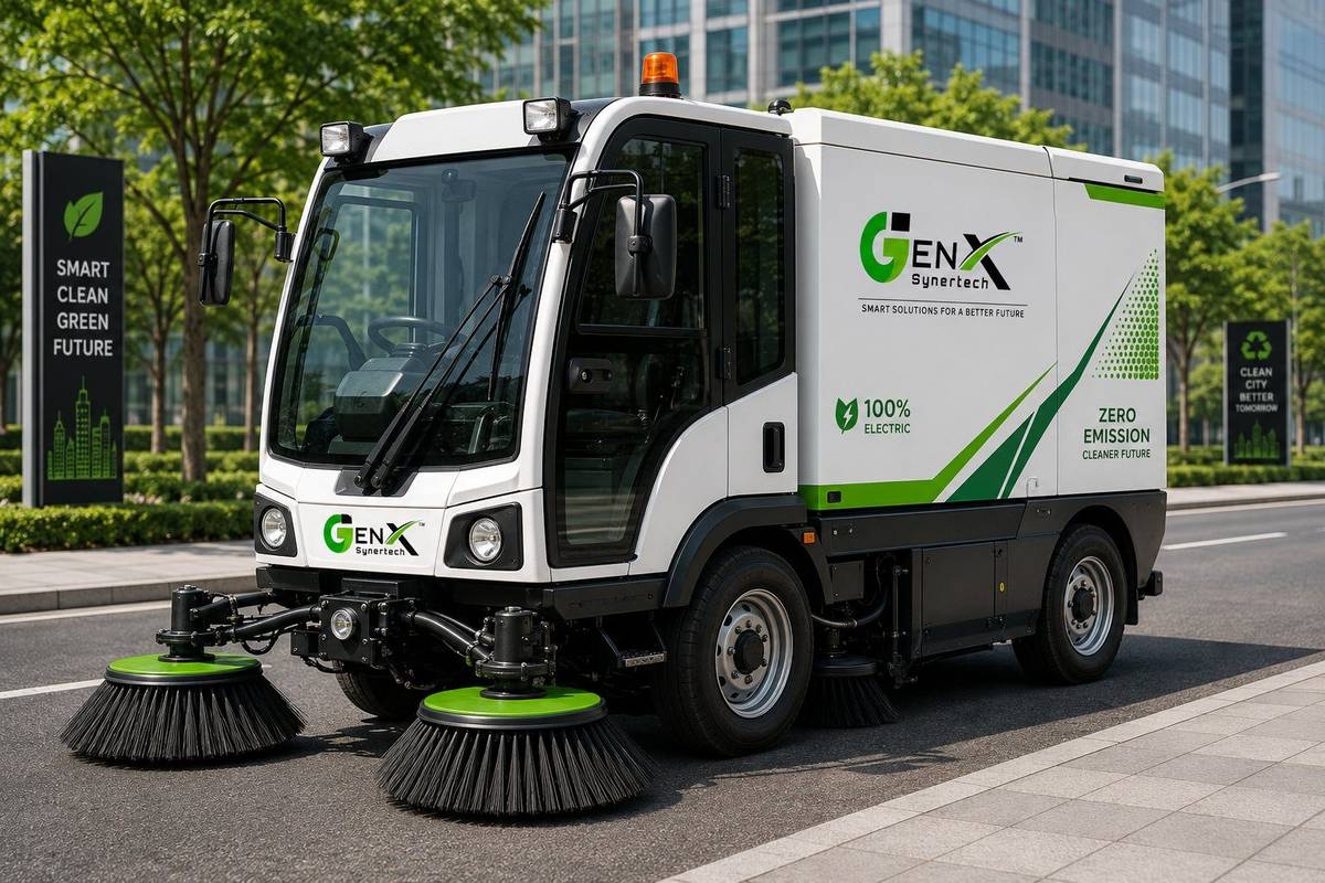 Electric road sweeper side view with brushes