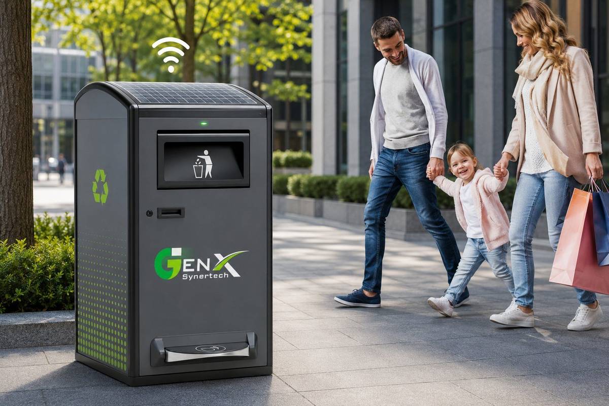 GenX IoT smart dustbin with solar panel and WiFi installed on urban walkway