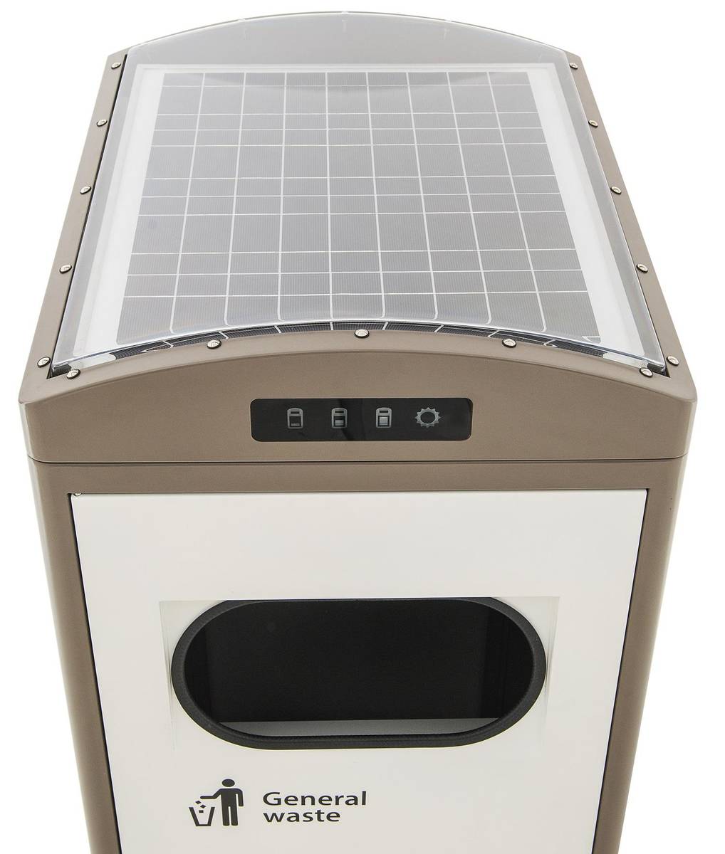 Smart dustbin top view showing solar panel and sensor control panel