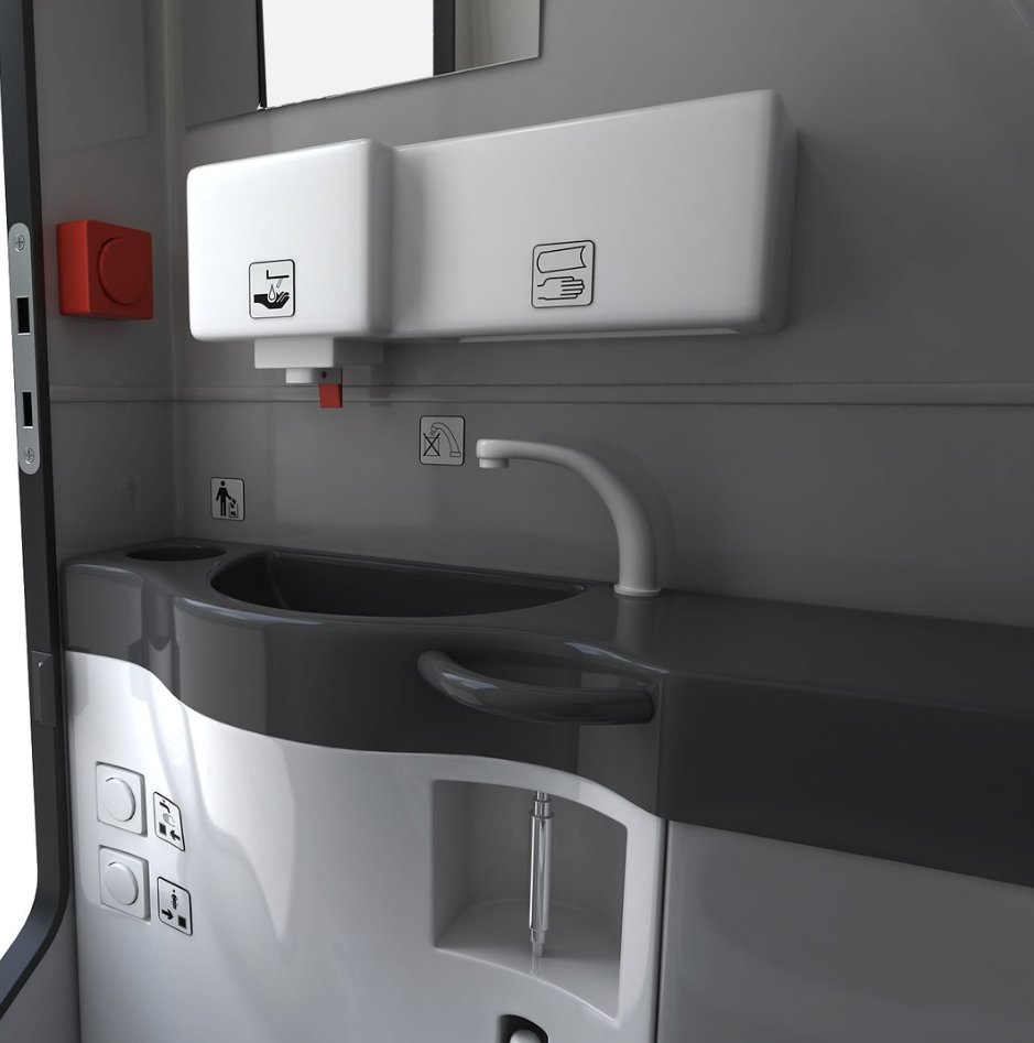 Bus toilet wash basin integration with soap and paper towel dispenser