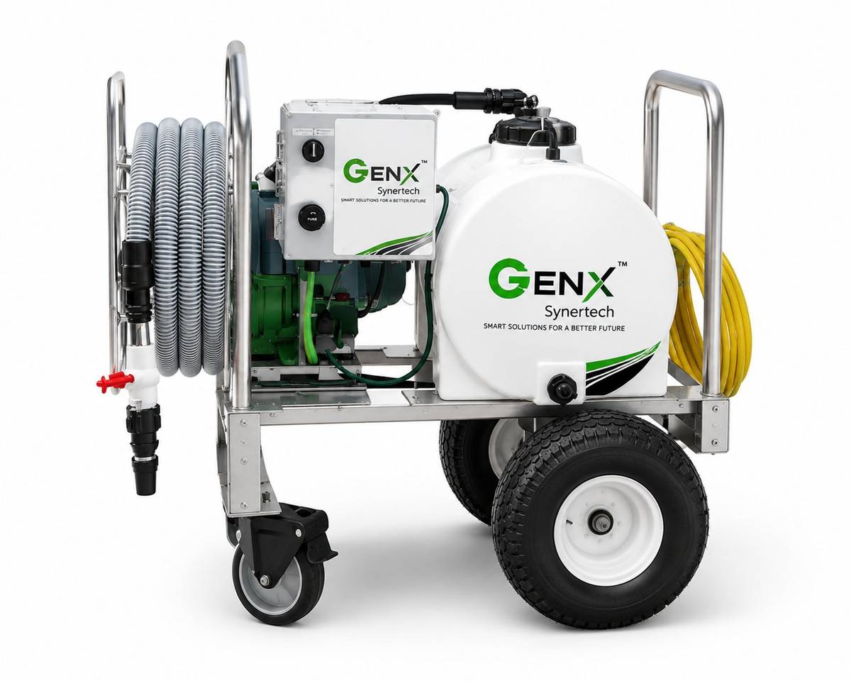 GenX portable sewage evacuation trolley with hose reel and water tank
