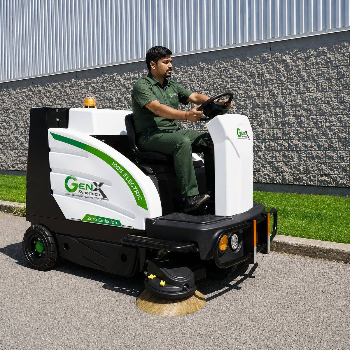 GenX ride-on sweeper in operation at warehouse facility with operator