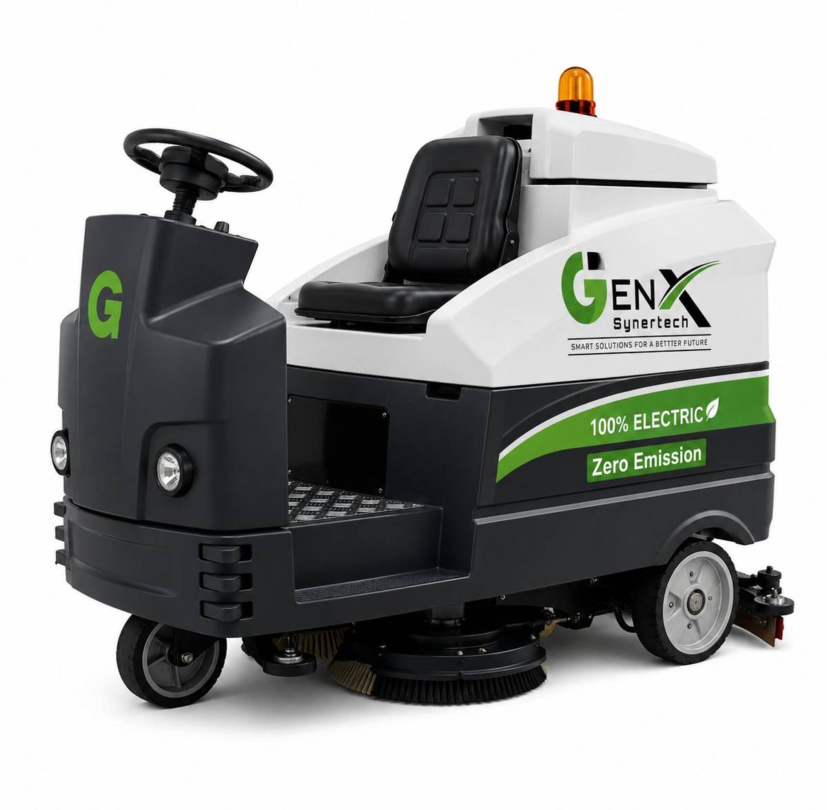 GenX electric ride-on sweeper side profile showing disc brushes and seat