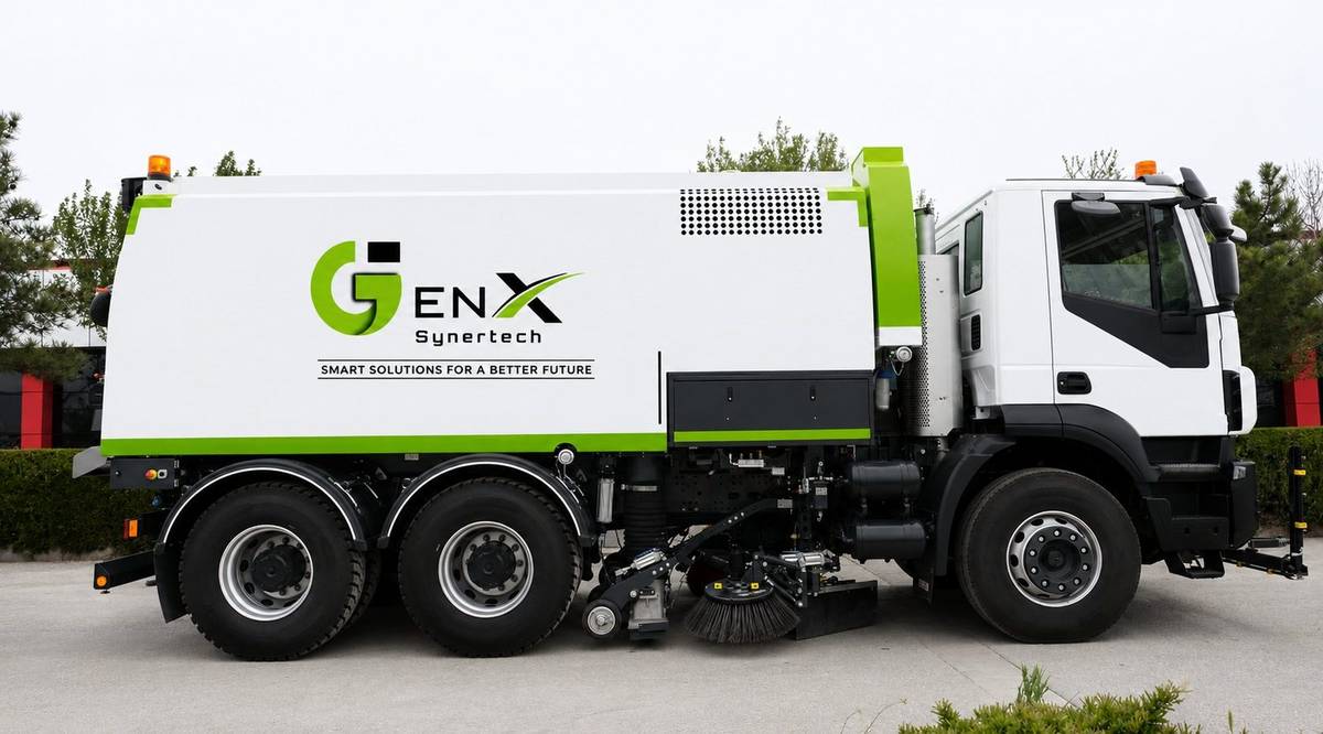 Truck mounted sweeper side view