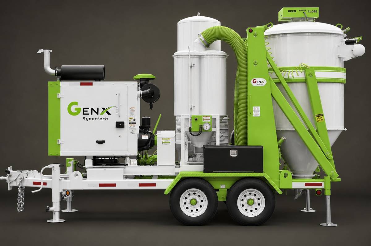 Vacuum skid system side view with diesel engine and collection tank